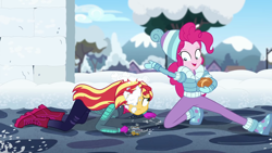 Size: 1280x720 | Tagged: safe, screencap, pinkie pie, sunset shimmer, equestria girls, equestria girls series, holidays unwrapped, spoiler:eqg series (season 2), boots, clothes, duo, duo female, female, key, keychain, ramekin, saving pinkie's pie, shoes, snow, snow fort, snowball fight, souffle, winter outfit