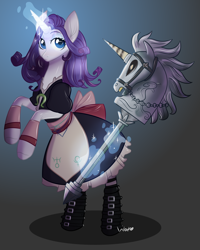 Size: 2490x3108 | Tagged: safe, artist:worldlofldreams, rarity, pony, unicorn, alice madness returns, american mcgee's alice, boots, clothes, costume, crossover, cute, dress, female, glowing horn, gradient background, hobby horse, magic, mare, raribetes, rearing, shoes, solo, telekinesis