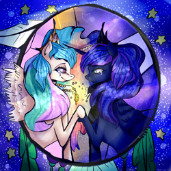 Size: 5000x5000 | Tagged: safe, artist:creepyfreddy, princess celestia, princess luna, alicorn, pony, absurd resolution, crown, crying, female, holding hooves, jewelry, looking at each other, mare, raised hoof, regalia, royal sisters, sitting