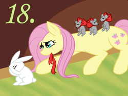 Size: 800x600 | Tagged: safe, artist:mod-named-carot, angel bunny, fluttershy, mouse, pegasus, pony, bow, neck bow, ribbon, shy