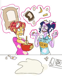 Size: 1015x1258 | Tagged: safe, artist:ponyretirementhome, sci-twi, sunset shimmer, twilight sparkle, equestria girls, baking, banana, bowl, butter, egg, eye twitch, female, flour, food, lesbian, levitation, magic, messy, mixing bowl, scitwishimmer, shipping, simple background, sunsetsparkle, telekinesis, white background