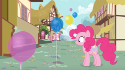 Size: 1366x768 | Tagged: dead source, safe, artist:ashi85, pinkie pie, earth pony, pony, balloon, female, mare, pink coat, pink mane