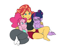 Size: 1237x1088 | Tagged: safe, artist:ponyretirementhome, pinkie pie, sci-twi, sunset shimmer, twilight sparkle, equestria girls, cuddling, female, lesbian, polyamory, scisetpie, scitwishimmer, scitwishimmerpie, shipping, simple background, sitting, sunsetpie, sunsetsparkle, twinkie, white background