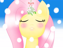 Size: 6600x5100 | Tagged: safe, artist:pikachumask, fluttershy, pegasus, pony, absurd resolution, blushing, bust, christmas, eyes closed, female, full face view, hearth's warming eve, kissy face, mare, mistletoe, snow, snowflake, solo