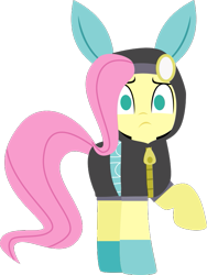 Size: 593x788 | Tagged: safe, artist:thepiday, fluttershy, pegasus, pony, bunny ears, clothes, costume, dangerous mission outfit, female, goggles, hoodie, looking at you, mare, minimalist, raised hoof, simple background, solo, transparent background