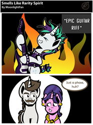 Size: 1882x2537 | Tagged: safe, artist:moonlightfan, cookie crumbles, hondo flanks, rarity, pony, unicorn, it isn't the mane thing about you, alternate hairstyle, comic, cookieflanks, electric guitar, guitar, punk, raripunk