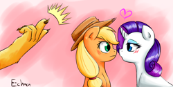 Size: 1200x604 | Tagged: safe, artist:mornincloud, applejack, discord, rarity, earth pony, pony, unicorn, discord the shipper, female, lesbian, lesbian in front of boys, male, rarijack, shipping