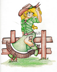 Size: 1024x1298 | Tagged: safe, artist:twisted-sketch, applejack, human, clothes, dress, fence, humanized, smiling, solo, traditional art