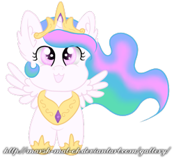 Size: 659x605 | Tagged: safe, artist:marsh-mal-oh, princess celestia, alicorn, pony, chibi, crown, female, jewelry, looking at you, mare, peytral, regalia, simple background, solo, spread wings, transparent background, wings