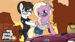 Size: 2000x1125 | Tagged: safe, artist:roflpanzer, derpibooru import, grace manewitz, raven, pony, semi-anthro, arrested, bipedal, car, cellphone, clothes, crossover, female, glasses, grand theft auto, gta v, hat, horseshoes, looking at you, phone, police officer, smiling, unamused, wallpaper