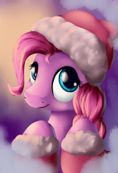 Size: 3900x5700 | Tagged: safe, artist:grennadder, pinkie pie, earth pony, pony, absurd resolution, bust, hat, looking at you, portrait, santa hat, smiling, solo