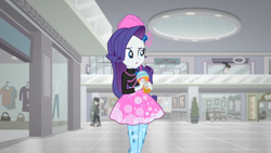 Size: 1920x1080 | Tagged: safe, screencap, aqua blossom, curly winds, rarity, some blue guy, track starr, wiz kid, eqg summertime shorts, equestria girls, good vibes, background human, canterlot mall, drink, female, male