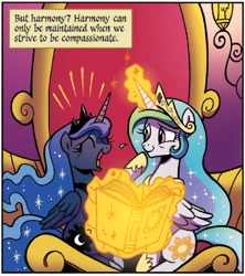 Size: 698x785 | Tagged: safe, artist:brendahickey, idw, princess celestia, princess luna, alicorn, pony, legends of magic, spoiler:comic, spoiler:comiclom1, laughing, magic, sitting