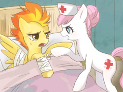 Size: 800x600 | Tagged: safe, artist:yurinokesin, derpibooru import, nurse redheart, spitfire, earth pony, pegasus, pony, angry, bandage, bed, cutie mark, frown, hat, indoors, injured, nurse hat, open mouth, raised hoof, spread wings, stern, sweatdrop, wings