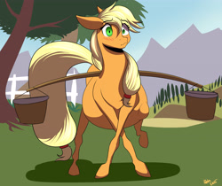 Size: 3937x3301 | Tagged: safe, artist:patch, applejack, earth pony, horse, pony, belly, big tail, blushing, bucket, carrying, floppy ears, frown, hoers, kicking, mismatched eyes, preggo jack, pregnant, raised leg, shocked, solo, tree, wavy mouth, wide eyes