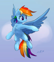 Size: 3206x3669 | Tagged: safe, artist:xbi, derpibooru import, rainbow dash, pegasus, pony, chest fluff, cloud, female, flying, gradient background, mare, solo, spread wings, wings