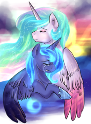 Size: 852x1158 | Tagged: safe, artist:not-ordinary-pony, princess celestia, princess luna, alicorn, pony, crying, duo, female, forgiveness, glowing mane, hug, mare, missing accessory, royal sisters, sad, sisters