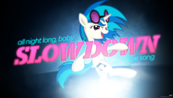 Size: 1920x1080 | Tagged: safe, artist:adrianimpalamata, artist:kaz92, artist:scourge707, derpibooru import, dj pon-3, vinyl scratch, pony, unicorn, cutie mark, female, glow, hooves, horn, lens flare, lyrics, mare, open mouth, selena gomez, slow down, solo, song reference, sunglasses, text, vector, wallpaper