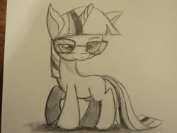 Size: 1024x768 | Tagged: safe, artist:digitaldomain123, derpibooru import, twilight sparkle, blushing, filly, glasses, monochrome, photo, photography, solo, traditional art