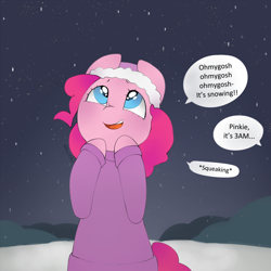 Size: 1000x1000 | Tagged: safe, artist:oouichi, pinkie pie, earth pony, pony, christmas, clothes, cute, dialogue, diapinkes, excited, hat, hooves up, looking up, night, offscreen character, pinkie being pinkie, snow, snowfall, solo, speech bubble, stars, sweater