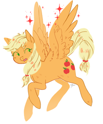 Size: 1000x1200 | Tagged: safe, artist:xarakayx, applejack, pegasus, pony, flapplejack, flying, hatless, missing accessory, race swap, solo, wings