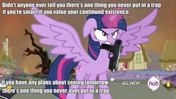 Size: 960x540 | Tagged: safe, derpibooru import, edit, screencap, twilight sparkle, twilight sparkle (alicorn), alicorn, twilight's kingdom, caption, doctor who, gun, hub logo, image macro, meme, pistol, roflbot, solo, super saiyan princess, text