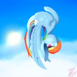 Size: 1280x1280 | Tagged: safe, artist:coleleedraws, derpibooru import, rainbow dash, pegasus, pony, cute, dashabetes, female, flexible, flying, mare, signature, sky, solo, spread wings, upside down, wings