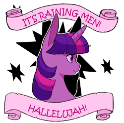 Size: 1214x1200 | Tagged: artist needed, safe, derpibooru import, twilight sparkle, it's raining men, mouthpiece, old banner, parody, solo, song reference, subversive kawaii, the weather girls