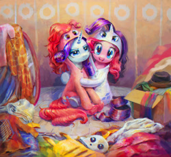 Size: 1000x915 | Tagged: safe, artist:son-trava, pinkie pie, rarity, earth pony, pikachu, pony, unicorn, chromatic aberration, clothes, costume, cute, diapinkes, dressup, female, footed sleeper, frown, glare, hug, kigurumi, lesbian, looking at you, mirror, not creepy, open mouth, pajamas, pinkie costume, pokémon, pony costume, ponysuit, raripie, rarity costume, rarity is not amused, shipping, sitting, smiling, unamused