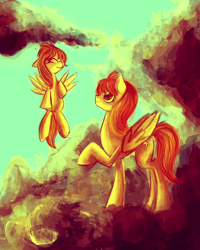 Size: 2000x2500 | Tagged: safe, artist:jubilannt, derpibooru import, spitfire, stormy flare, cloud, cloudy, female, filly, first flight, mother and child, mother and daughter, parent and child, younger