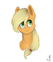 Size: 928x1088 | Tagged: safe, artist:svelen, applejack, earth pony, pony, ear fluff, hatless, missing accessory, simple background, solo