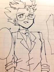 Size: 600x801 | Tagged: safe, artist:hamada, derpibooru import, spitfire, human, clothes, glasses, humanized, lined paper, monochrome, necktie, solo, speech bubble, traditional art