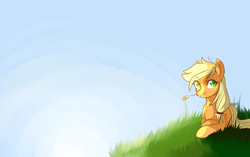 Size: 1280x802 | Tagged: safe, artist:catzino, applejack, earth pony, pony, grass, hatless, hill, looking at you, missing accessory, sky