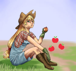 Size: 1024x964 | Tagged: safe, artist:thildou-chan, applejack, human, apple, boots, clothes, dungarees, eating, gloves, humanized, shirt, sitting, solo