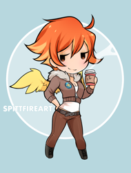 Size: 758x1000 | Tagged: safe, artist:spittfireart, derpibooru import, spitfire, human, bedroom eyes, breasts, chibi, cleavage, coffee, cute, female, humanized, nudity, smiling, solo