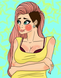 Size: 4200x5400 | Tagged: safe, artist:doggy-loves-llamas, fluttershy, human, absurd resolution, breasts, cleavage, female, hootershy, humanized, piercing, solo, undercut