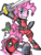 Size: 400x523 | Tagged: safe, artist:pulu, gummy, pinkie pie, earth pony, pony, accesory swap, clothes, cosplay, costume, cupcake, deadpool, duct tape, food, hoodie, katana, pinkiepool (pairing), simple background, sword, traditional art, weapon, xk-class end-of-the-world scenario