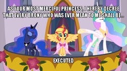 Size: 700x394 | Tagged: safe, artist:xebck, edit, edited screencap, screencap, princess celestia, princess luna, sunset shimmer, alicorn, pony, equestria girls, magical mystery cure, the last problem, alicornified, alternate universe, big crown thingy, caption, clothes, coronation dress, crown, cute, dress, element of magic, female, front, grimcute, implied execution, irony, jewelry, looking at you, mare, race swap, regalia, shimmerbetes, shimmercorn, smiling, tiara, vanellope von schweetz, wreck-it ralph