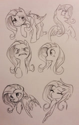Size: 1212x1920 | Tagged: safe, artist:glacierclear, fluttershy, pegasus, pony, angry, bashful, blushing, eyes closed, female, flutterrage, grayscale, mare, monochrome, phew, simple background, sketch dump, solo, surprised, traditional art, white background, wing hands