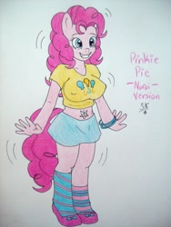 Size: 960x1280 | Tagged: safe, artist:sangee-13-neuroy, pinkie pie, anthro, belly button, breasts, clothes, cutie mark on clothes, female, mare, midriff, navel tattoo, pentagram, pinkie pies, reference sheet, shoes, short shirt, skirt, socks, solo, traditional art
