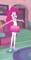 Size: 321x618 | Tagged: safe, derpibooru import, screencap, pinkie pie, better together, equestria girls, pinkie sitting, clothes, cropped, female, geode of sugar bombs, hairband, pantyhose, shoes, skirt, smiling, solo