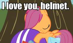 Size: 846x504 | Tagged: safe, edit, edited screencap, screencap, scootaloo, cargo ship, crack shipping, cute, cutealoo, female, helmet, hub logo, hug, image macro, love, scootahelmet, shipping