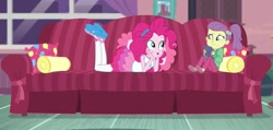 Size: 1018x483 | Tagged: safe, derpibooru import, screencap, lily pad (equestria girls), pinkie pie, better together, equestria girls, pinkie sitting, clothes, cropped, female, geode of sugar bombs, i need an adult, out of context, pantyhose, sofa, young