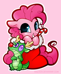 Size: 500x603 | Tagged: safe, artist:miszasta, gummy, pinkie pie, alligator, earth pony, pony, candy, candy cane, christmas, christmas stocking, clothes, costume, cute, diapinkes, female, food, looking at you, male, mare, pink background, simple background, smiling