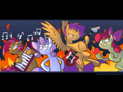 Size: 1024x768 | Tagged: safe, artist:egophiliac, derpibooru import, apple bloom, babs seed, scootaloo, sweetie belle, apple, cutie mark crusaders, fire, guitar, keytar, musical instrument, older, slice of pony life, wallpaper