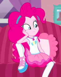 Size: 548x695 | Tagged: safe, derpibooru import, screencap, pinkie pie, better together, equestria girls, pinkie sitting, clothes, cropped, cute, female, hairband, pantyhose, shoes, skirt, solo