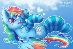 Size: 3000x2000 | Tagged: safe, artist:shad0w-galaxy, rainbow dash, pegasus, pony, cheek fluff, clothes, cloud, colored wings, cute, cutie mark, dashabetes, female, fluffy, gradient background, high res, looking up, lying down, mare, on back, open mouth, outline, smiling, socks, solo, spread wings, stockings, striped socks, thigh highs, white outline, wings