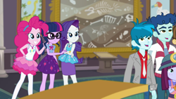 Size: 1280x720 | Tagged: safe, derpibooru import, screencap, curly winds, kimberlite, pinkie pie, rarity, sci-twi, some blue guy, thunderbass, twilight sparkle, alicorn, dodo, skeleton pony, better together, equestria girls, school of rock, background human, bone, clothes, geode of shielding, geode of sugar bombs, geode of telekinesis, glasses, pantyhose, ponytail, skeleton