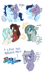 Size: 1024x1707 | Tagged: safe, artist:dreamscapevalley, derpibooru import, coco pommel, limestone pie, marble pie, soarin', spitfire, trouble shoes, earth pony, pegasus, pony, hearthbreakers, bedroom eyes, blushing, bowtie, braeble, cute, eye contact, eyes closed, female, floppy ears, grin, hug, implied braeburn, leaning, limin', male, shipping, smiling, straight, winghug