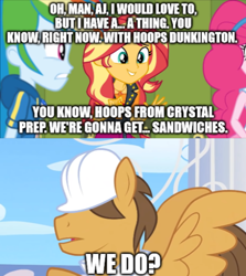 Size: 490x550 | Tagged: safe, edit, edited screencap, screencap, hoops, pinkie pie, rainbow dash, sunset shimmer, pegasus, pony, better together, equestria girls, holidays unwrapped, sonic rainboom (episode), canterlot high, geode of empathy, geode of super speed, hard hat, hoops dunkington, magical geodes, meme, o come all ye squashful, weather factory uniform